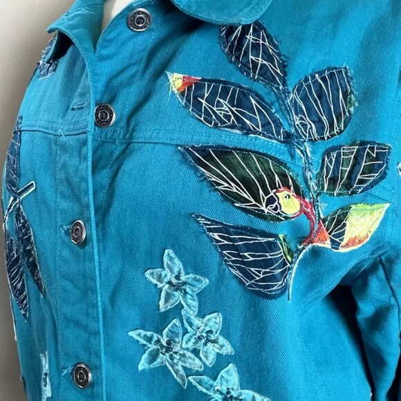 Chico's Design Jacket 2 M Denim Silk Embroidered Floral Hawaiian Parrot Bead VTG - Picture 6 of 11